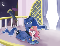 Size: 1586x1200 | Tagged: safe, artist:sallymon, princess celestia (mlp), princess luna (mlp), alicorn, equine, fictional species, mammal, pony, feral, friendship is magic, hasbro, my little pony, 2012, age swap, balcony, crown, duo, duo female, female, females only, filly, foal, hoof shoes, horn, jewelry, lying down, mare, moon, night, peytral, prone, regalia, role reversal, siblings, sister, sisters, sitting, smiling, sparkly hair, sparkly mane, sparkly tail, tail, telescope, young