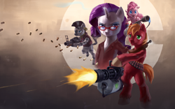Size: 1680x1050 | Tagged: safe, artist:stupjam, big macintosh (mlp), demoman (tf2), heavy (tf2), pinkie pie (mlp), pyro (tf2), rarity (mlp), spy (tf2), zecora (mlp), earth pony, equine, fictional species, mammal, pony, unicorn, zebra, feral, friendship is magic, hasbro, my little pony, team fortress 2, valve, 2011, bipedal, clothes, colored pupils, crossover, female, flamethrower, frowning, glare, glasses, grenade launcher, gun, machinegun, male, mare, minigun, nice, open mouth, shooting, smiling, solo, solo female, stallion, straw in mouth, tail, weapon