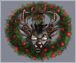 Size: 1041x864 | Tagged: safe, artist:velociawesome, cervid, deer, mammal, reindeer, ambiguous form, ambiguous gender, bust, candy cane, glasses, ornaments, portrait, solo, solo ambiguous, wreath