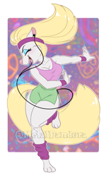 Size: 497x826 | Tagged: safe, artist:metalpandora, minerva mink (animaniacs), mammal, mink, mustelid, anthro, plantigrade anthro, animaniacs, warner brothers, bandanna, barefoot, big breasts, blonde hair, blushing, breasts, cleavage, clothes, feet, female, hair, headphones, mp3 player, solo, solo female, thick thighs, thighs, toes, wide hips