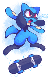 Size: 1136x1811 | Tagged: safe, artist:mysticwaffle032, fictional species, mammal, riolu, anthro, digitigrade anthro, cc by-nc-nd, creative commons, nintendo, pokémon, abstract background, ambiguous gender, black body, black fur, blue body, blue fur, fur, kickflip, multicolored fur, open mouth, red eyes, skateboard, skateboarding, smiling, solo, solo ambiguous