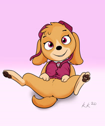 Size: 3600x4300 | Tagged: safe, artist:cptqw4rk, skye (paw patrol), canine, cockapoo, dog, mammal, feral, nickelodeon, paw patrol, 2020, black nose, clothes, collar, digital art, female, fur, goggles, looking at you, paw pads, paws, simple background, smiling, smiling at you, solo, solo female, tail, topwear, underpaw, vest