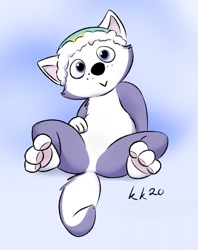 Size: 1012x1280 | Tagged: safe, artist:cptqw4rk, everest (paw patrol), canine, dog, husky, mammal, nordic sled dog, feral, nickelodeon, paw patrol, 2020, beanie, black nose, clothes, collar, digital art, female, fur, hat, looking at you, paw pads, paws, simple background, smiling, smiling at you, solo, solo female, tail, underpaw