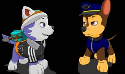 Size: 1280x760 | Tagged: safe, artist:skolpion, chase (paw patrol), everest (paw patrol), canine, dog, german shepherd, husky, mammal, nordic sled dog, feral, nickelodeon, paw patrol, 2018, bag, beanie, black background, black nose, clothes, collar, digital art, duo, ears, female, fur, jacket, looking at each other, male, simple background, slav, slavic, tail, topwear, unamused