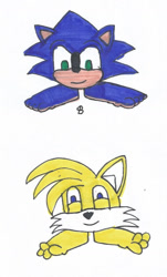 Size: 777x1288 | Tagged: safe, artist:spaton37, miles "tails" prower (sonic), sonic the hedgehog (sonic), canine, fictional species, fox, goomba (mario), hedgehog, mammal, monster, red fox, ambiguous form, feral, mario (series), sega, sonic the hedgehog (series), 2016, barefoot, crossover, duo, duo male, goombafied, male, males only, no pupils, not salmon, quills, simple background, traditional art, wat, white background, wiggling toes