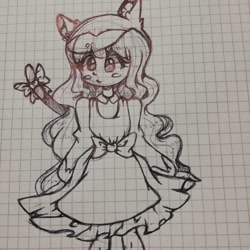 Size: 1080x1080 | Tagged: safe, artist:tessa_key_, oc, oc only, animal humanoid, cat, feline, fictional species, mammal, humanoid, clothes, dress, eared humanoid, female, graph paper, irl, line art, photo, photographed artwork, solo, solo female, tail, tailed humanoid, traditional art