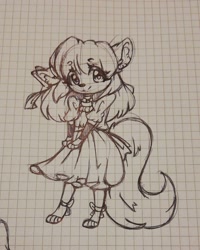 Size: 1080x1350 | Tagged: species needed, safe, artist:tessa_key_, oc, oc only, mammal, anthro, digitigrade anthro, clothes, dress, eyelashes, female, graph paper, irl, line art, photo, photographed artwork, smiling, solo, solo female, tail, traditional art