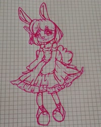 Size: 1080x1350 | Tagged: safe, artist:tessa_key_, oc, oc only, lagomorph, mammal, rabbit, anthro, bow, clothes, dress, female, graph paper, hair bow, irl, line art, photo, photographed artwork, shoes, sneakers, solo, solo female, traditional art