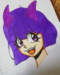 Size: 1080x1350 | Tagged: safe, artist:tessa_key_, oc, oc only, animal humanoid, cat, feline, fictional species, mammal, humanoid, :d, eared humanoid, eyelashes, fangs, female, open mouth, sharp teeth, smiling, solo, solo female, teeth, traditional art