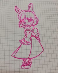 Size: 1080x1350 | Tagged: safe, artist:tessa_key_, oc, oc only, lagomorph, mammal, rabbit, anthro, digitigrade anthro, clothes, female, graph paper, irl, line art, photo, photographed artwork, shoes, solo, solo female, traditional art