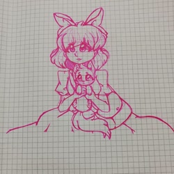 Size: 1080x1080 | Tagged: safe, artist:tessa_key_, oc, oc only, cat, feline, human, mammal, feral, bow, clothes, dress, duo, female, graph paper, hair bow, holding character, irl, line art, paw pads, paws, photo, photographed artwork, traditional art, underpaw