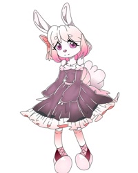 Size: 1080x1350 | Tagged: safe, artist:tessa_key_, oc, oc only, lagomorph, mammal, rabbit, anthro, bow, clothes, dress, female, hair bow, shoes, simple background, sneakers, solo, solo female, white background
