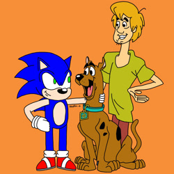Size: 1280x1280 | Tagged: safe, artist:bluehedgehog1997, scooby-doo (scooby-doo), shaggy norville rogers (scooby-doo), sonic the hedgehog (sonic), canine, dog, great dane, hedgehog, human, mammal, anthro, feral, plantigrade anthro, hanna-barbera, scooby-doo (franchise), sega, sonic the hedgehog (series), 2021, crossover, male, males only, quills, trio, trio male