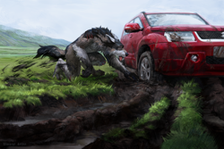 Size: 1200x800 | Tagged: safe, artist:simargl_artist, oc, oc only, oc:rakan, canine, fictional species, mammal, werewolf, anthro, digitigrade anthro, 2020, arm fluff, blue eyes, brown body, brown fur, car, detailed background, digging, dirt, ears laid back, fluff, fur, grass, gray body, gray fur, male, mountain, mud, neck fluff, outdoors, scar, solo, solo male, suv, suzuki, tail, tail fluff, tongue, tongue out, vehicle, white body, white fur