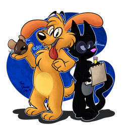 Size: 1083x1100 | Tagged: safe, artist:orlandofox, canine, cat, dog, feline, mammal, mouse, rodent, semi-anthro, pbs, 2013, 2d, arm fluff, black body, black fur, black outline, blossom (fetch!), cheek fluff, chest fluff, chet (fetch!), double outline, female, fetch! with ruff ruffman, fluff, fur, glasses, gray belly, group, head fluff, leg fluff, male, orange body, orange fur, round glasses, ruff ruffman (fetch!), signature, tail, tail fluff, trio, white outline, yellow belly