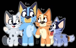 Size: 800x510 | Tagged: safe, artist:flutteryoshi952, bingo heeler (bluey), bluey heeler (bluey), muffin heeler (bluey), socks heeler (bluey), australian cattle dog, canine, dog, mammal, feral, semi-anthro, bluey (series), blue body, blue fur, cousins, cream body, cream fur, female, females only, fur, gray body, gray fur, group, paw pads, paws, siblings, simple background, sister, sisters, transparent background