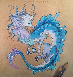 Size: 1080x1138 | Tagged: safe, artist:alvia alcedo, sisu (raya and the last dragon), dragon, eastern dragon, fictional species, feral, disney, raya and the last dragon, 2d, blue scales, female, scales, side view, solo, solo female, traditional art