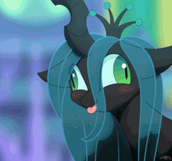 Size: 638x600 | Tagged: safe, artist:n0nnny, cozy glow (mlp), queen chrysalis (mlp), arthropod, changeling, changeling queen, equine, fictional species, mammal, pegasus, pony, feral, friendship is magic, hasbro, my little pony, 2d, 2d animation, animated, black body, black fur, cute, duo, duo female, eye through hair, female, females only, filly, foal, frame by frame, fur, gif, hair, looking at you, mare, pink body, pink fur, silly, tongue, tongue out, young
