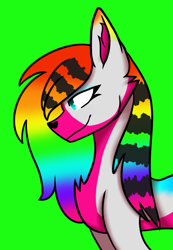 Size: 662x959 | Tagged: safe, artist:revenge.cats, oc, oc only, canine, mammal, sparkle dog, feral, black hair, blue eyes, cheek fluff, chest fluff, coontails, ear fluff, female, fluff, fur, green background, hair, magenta body, magenta fur, multicolored hair, rainbow hair, scene fashion, side view, simple background, smiling, solo, solo female, white body, white fur