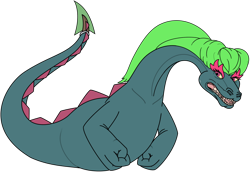 Size: 1280x880 | Tagged: safe, artist:tektalox, loch ness monster, mean ness (happy ness), monster, feral, happy ness: the secret of the loch, 2d, female, front view, green body, simple background, solo, solo female, three-quarter view, transparent background