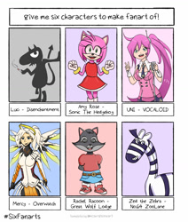 Size: 1242x1464 | Tagged: safe, artist:jen-den1, amy rose (sonic), mercy (overwatch), zed (64 zoo lane), demon, equine, fictional species, hedgehog, human, mammal, procyonid, raccoon, zebra, anthro, feral, six fanarts, 64 zoo lane, blizzard entertainment, millimages, overwatch, sega, sonic the hedgehog (series), vocaloid, 2020, bottomwear, cigarette, clothes, crossover, devil tail, disenchantment (series), female, great wolf lodge, group, luci (disenchantment), male, open mouth, quills, rachel raccoon (great wolf lodge), smiling, stallion, tail, topwear, ungulate, uni (vocaloid)