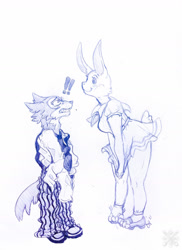 Size: 1280x1755 | Tagged: safe, artist:sleepingdragon94, haru (beastars), legoshi (beastars), canine, lagomorph, mammal, rabbit, wolf, anthro, plantigrade anthro, beastars, breasts, clothes, dress, duo, exclamation point, female, fur, gritted teeth, height reduction, leaning forward, male, monochrome, shoes, side view, simple background, size difference, standing, tail, teeth, white background