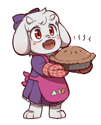 Size: 1198x1484 | Tagged: safe, artist:creatorofcastell, toriel (undertale), bovid, caprine, goat, mammal, anthro, undertale, 2020, 2d, apron, blushing, clothes, cute, featured image, female, food, full body, fur, heart, heart eyes, open mouth, oven gloves, pie, red eyes, simple background, solo, solo female, standing, tongue, ungulate, white background, white body, white fur, wingding eyes, younger