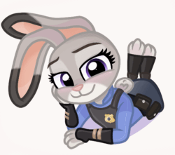 Size: 587x520 | Tagged: safe, artist:rainbow eevee, judy hopps (zootopia), lagomorph, mammal, rabbit, anthro, disney, zootopia, 2d, adorasexy, animated, cute, eye shimmer, female, gif, grin, looking at you, lying down, prone, purple eyes, sexy, simple background, smiling, smiling at you, solo, solo female, white background