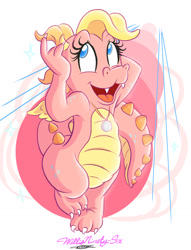 Size: 977x1280 | Tagged: safe, artist:walliscolours, cassie (dragon tales), dragon, fictional species, western dragon, semi-anthro, dragon tales, pbs, 2d, cute, dragoness, female, front view, pink body, solo, solo female, three-quarter view, young