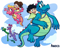 Size: 1024x820 | Tagged: safe, artist:anioco, cassie (dragon tales), emmy (dragon tales), max (dragon tales), ord (dragon tales), wheezie (dragon tales), zak (dragon tales), dragon, fictional species, human, mammal, western dragon, semi-anthro, dragon tales, pbs, 2d, blue belly, blue body, blue scales, brother, brother and sister, child, cloud, conjoined, conjoined twins, dragoness, female, fraternal twins, green belly, green body, group, male, multiple heads, pink body, purple body, scales, siblings, sister, twins, two heads, two-headed dragon, yellow belly, young