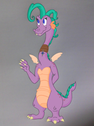 Size: 960x1280 | Tagged: safe, artist:taliesyn, oc, oc only, dragon, fictional species, western dragon, semi-anthro, dragon tales, pbs, dragoness, female, front view, orange belly, purple body, solo, solo female, three-quarter view