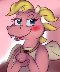 Size: 500x600 | Tagged: safe, artist:timmysaluki, cassie (dragon tales), dragon, fictional species, western dragon, semi-anthro, dragon tales, pbs, 2d, blushing, cute, dragoness, female, front view, looking at you, pink body, solo, solo female, three-quarter view
