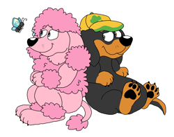 Size: 1832x1448 | Tagged: safe, artist:toonidae, coco (bluey), snickers (bluey), arthropod, butterfly, canine, dachshund, dog, insect, mammal, poodle, feral, semi-anthro, bluey (series), 2d, black body, black fur, female, fur, male, paw pads, paws, pink body, pink fur, simple background, white background