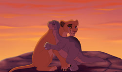 Size: 1157x690 | Tagged: safe, artist:silverwolf866, littlefoot (the land before time), vitani (the lion king), apatosaurus, big cat, dinosaur, feline, lion, mammal, sauropod, feral, disney, sullivan bluth studios, the land before time, the lion king, 2d, brown body, claws, crossover, crying, duo, evening, female, fur, hug, lioness, male, sky, yellow body, yellow fur, young
