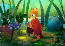 Size: 900x637 | Tagged: safe, artist:eeviart, mrs. brisby (the secret of nimh), mammal, mouse, rodent, semi-anthro, sullivan bluth studios, the secret of nimh, 2d, berry, blueberry, brown body, brown fur, female, field mouse, food, fruit, fur, murine, picking, smiling, solo, solo female