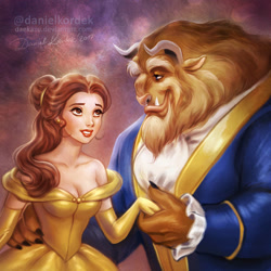 Size: 894x894 | Tagged: safe, artist:daekazu, beast (beauty and the beast), belle (beauty and the beast), ambiguous species, human, mammal, beauty and the beast, disney, 2d, duo, female, front view, male, male/female, shipping, three-quarter view