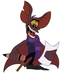 Size: 845x946 | Tagged: safe, artist:dragonm97hd, fidget (the great mouse detective), bat, mammal, anthro, disney, the great mouse detective, 2d, black body, black fur, front view, fur, male, open mouth, paper, peg leg, pencil, simple background, smiling, solo, solo male, three-quarter view, transparent background