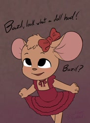 Size: 584x800 | Tagged: safe, artist:soulcentinel, olivia flaversham (the great mouse detective), anthro, disney, the great mouse detective, 2d, blushing, bow, brown body, brown fur, cute, dialogue, female, front view, fur, hair bow, solo, solo female, talking, three-quarter view, young