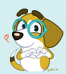 Size: 788x893 | Tagged: safe, artist:plinko, honey (bluey), beagle, canine, dog, mammal, semi-anthro, bluey (series), 2d, blue background, cute, female, front view, glasses, heart, meganekko, on model, simple background, solo, solo female, tail, three-quarter view, young