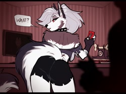 Size: 2165x1623 | Tagged: suggestive, artist:peyotethehyena, loona (vivzmind), canine, fictional species, hellhound, mammal, anthro, hazbin hotel, helluva boss, 2021, black border, border, bottomwear, butt, cell phone, clothes, colored sclera, crop top, digital art, female, female focus, indoors, lidded eyes, looking at you, looking back, offscreen character, phone, presenting, rear view, red sclera, shorts, smartphone, solo focus, topwear