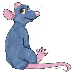 Size: 600x597 | Tagged: safe, artist:zeriara, remy (ratatouille), mammal, rat, rodent, feral, disney, pixar, ratatouille, 2007, claws, fur, gray body, gray fur, looking at you, looking back, looking back at you, male, rear view, simple background, smiling, smiling at you, solo, solo male, tail, three-quarter view, whiskers, white background