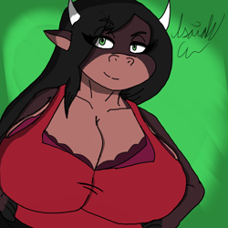 Size: 1000x1000 | Tagged: suggestive, artist:isaiahtse, oc, oc only, oc:summer (artjwink), bovid, mammal, anthro, black hair, breasts, brown body, bust, clothes, female, green background, green eyes, hair, horns, huge breasts, looking at you, simple background, watermark