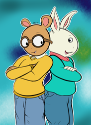 Size: 2200x3000 | Tagged: safe, artist:jhussethy, arthur read (arthur), buster baxter (arthur), aardvark, lagomorph, mammal, rabbit, anthro, arthur (series), pbs, back to back, black outline, double outline, duo, duo male, glasses, high res, male, males only, round glasses, white outline