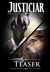 Size: 350x500 | Tagged: safe, artist:sunny way, oc, oc only, equine, fictional species, ki'rinaes, mammal, anthro, announcement, artwork, digital art, equis, equis universe, female, follow, justiciar, justiciar web comic, justiciar webcomic, kirinaes, low res, male, patreon, support, teaser, web comic, web-comic, webcomic