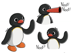 Size: 1024x768 | Tagged: safe, artist:luckycatcore, pingu (pingu), bird, penguin, feral, pingu (series), black feathers, dialogue, feathers, male, simple background, solo, solo male, talking, white background