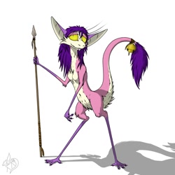 Size: 1280x1280 | Tagged: safe, artist:tersethra, oc, oc:mechelle, fictional species, yinglet, semi-anthro, the out-of-placers, female, simple background, solo, solo female, spear, weapon, white background