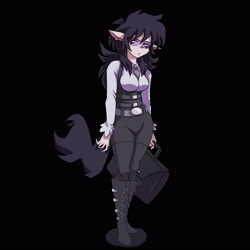 Size: 3200x3200 | Tagged: safe, artist:plague of gripes, callie brigs (swat kats), cat, feline, mammal, anthro, hanna-barbera, swat kats, 2016, black background, boots, clothes, female, frowning, glasses, goth, high res, shoes, simple background, solo, solo female, suitcase
