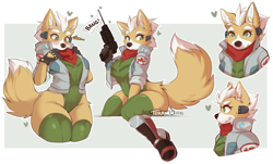 Size: 1200x727 | Tagged: safe, artist:teranen, fox mccloud (star fox), canine, fox, mammal, anthro, plantigrade anthro, nintendo, star fox, 2020, abstract background, adorasexy, bang, blushing, bodysuit, boots, border, breasts, butt fluff, cameltoe, cheek fluff, clothes, cute, ear fluff, english text, female, fingerless gloves, fluff, front view, fur, gloves, gritted teeth, gun, hair, heart, hip fluff, jacket, legwear, looking at you, looking down, looking to the side, looking up, monologue, neckerchief, rule 63, scarf, sexy, shoes, side view, sitting, smiling, solo, solo female, stockings, tail, tail fluff, talking, tan body, tan fur, teeth, text, three-quarter view, tight clothing, topwear, vixen, vixen mccloud, watermark, weapon, white body, white border, white fur, white hair, white outline