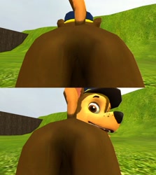 Size: 1140x1280 | Tagged: safe, artist:skulltronprime969, part of a set, chase (paw patrol), canine, dog, german shepherd, mammal, feral, nickelodeon, paw patrol, 3d, black nose, butt, butt focus, clothes, collar, comic, ears, featureless crotch, fur, hat, looking at you, looking back, looking back at you, male, raised tail, rear view, solo, solo male, source filmmaker, tail, topwear, vest