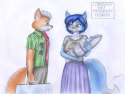 Size: 2465x1854 | Tagged: safe, artist:sinaherib, fox mccloud (star fox), krystal (star fox), marcus mccloud (star fox), canine, fox, mammal, anthro, nintendo, star fox, baby, bottomwear, clothes, dress, english text, female, group, hand hold, holding, male, pants, shirt, sign, tail, topwear, traditional art, trio, vixen, young